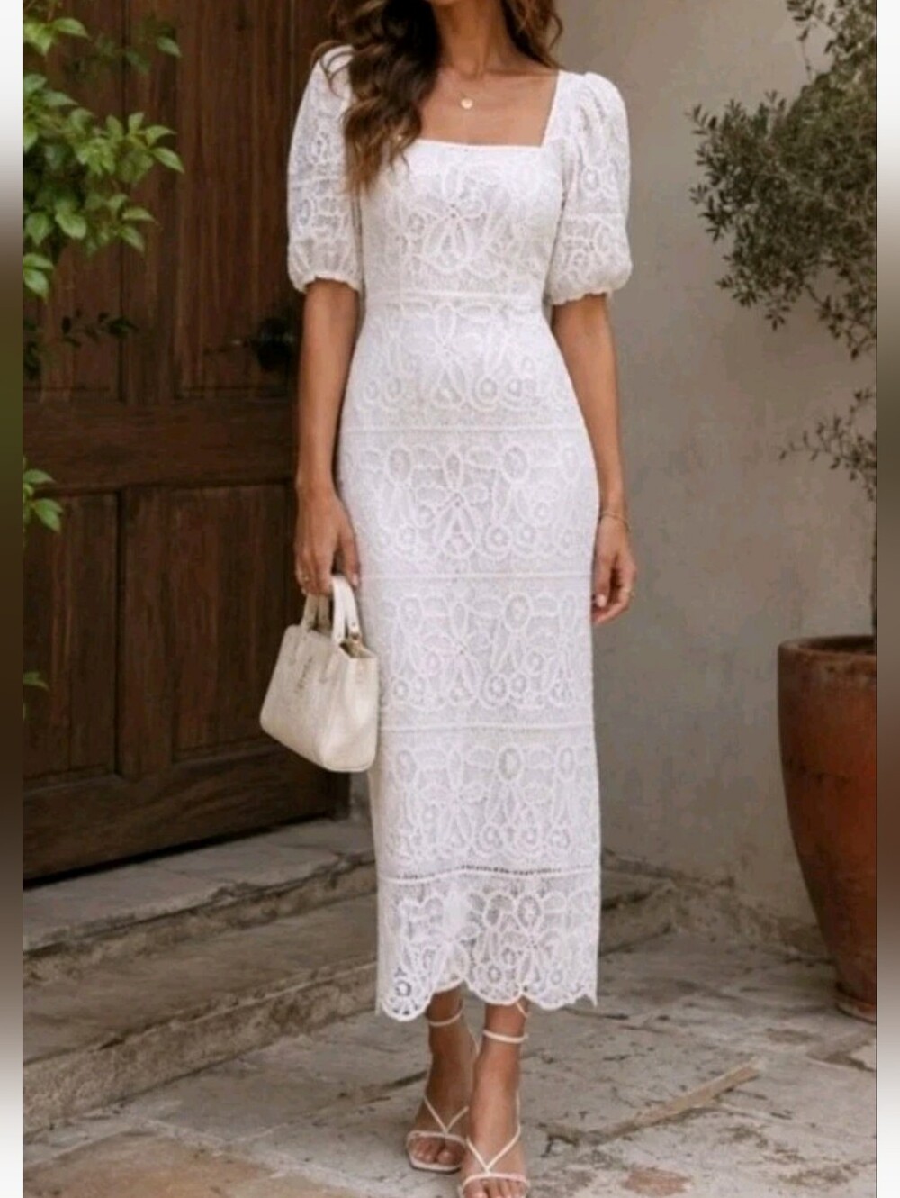 Saylor Keaton Puff Sleeve Crochet Lace Midi Dress Wedding White Column S Slits